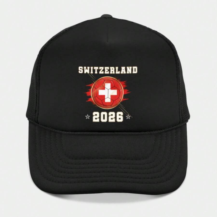 Front Print Switzerland Soccer World Cup 2026 - Swiss Fan Gift - World Cup 2026 - Hat Unisex Black Mesh Baseball Cap With Breathable Back Panel, Structured Front Crown, And Adjustable Strap. Lightweight, Quick-Dry, And Sun-Protective. Classic Solid Black Design, Versatile For Daily, Outdoor, Sports. One Size Fits Most. - 黑色 - 查看 1