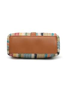 New Fashion Woven Texture Crossbody Bag, Colorblock Striped Straw Woven Bag, Bohemian Style Adjustable Shoulder Strap, Suitable For Beach, Travel, Vacation - Blue - View 9