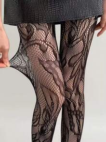 New Vintage French Floral Jacquard Fishnet Stockings, Niche Women's High Elasticity Vertical Striped Pantyhose - Multicolor - View 6