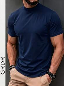 GRDR Men's Solid Color Stand Collar Short Sleeve Casual Versatile T-Shirt - Navy Blue - View 3