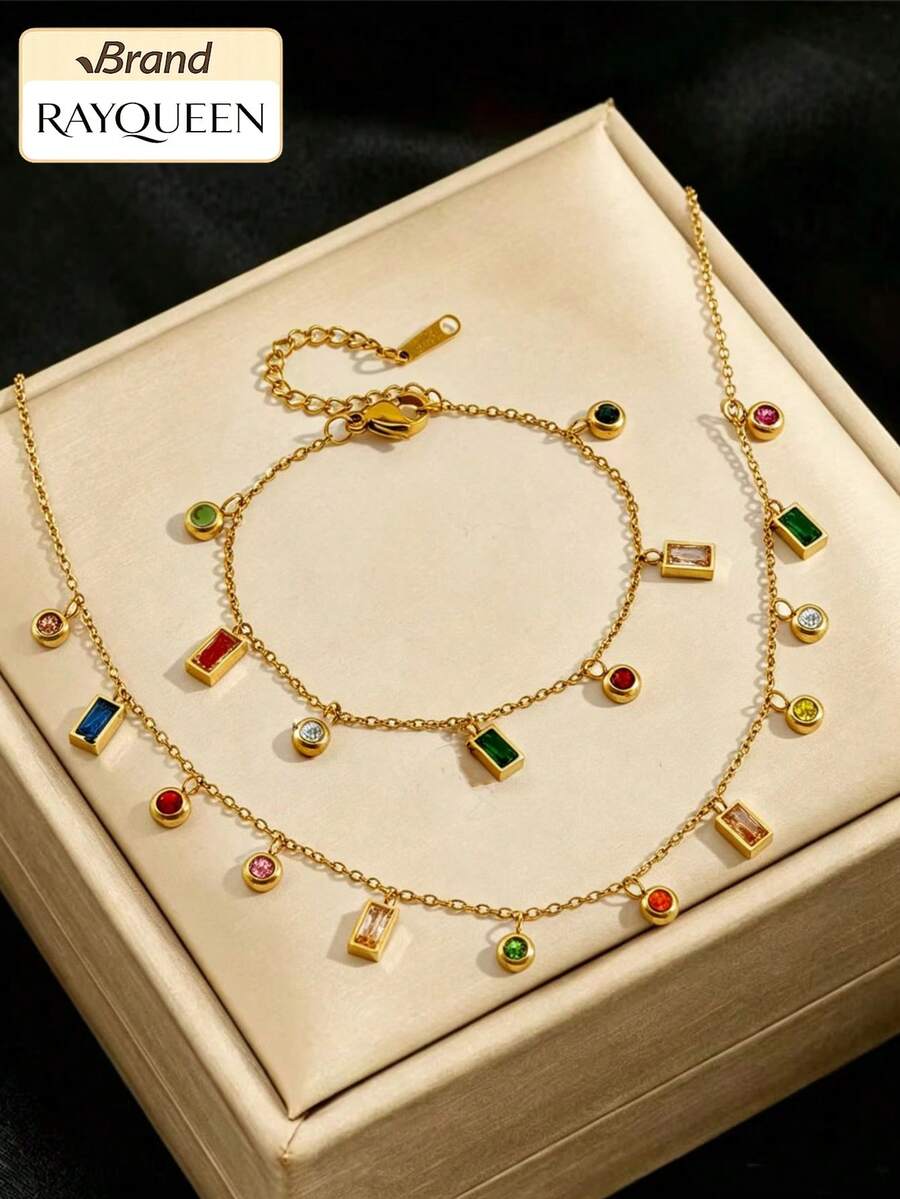 RAYQUEEN 1pc Colorful Dopamine Molecule Stainless Steel Necklace, Suitable For Daily Wear And Gift Giving - Yellow Gold - View 1
