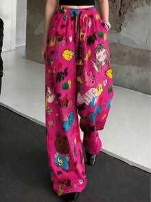 anchos de mujer con estampado de dibujos animados, pantalones casuales sueltos de primavera - Rosa Fucsia - Ver 2