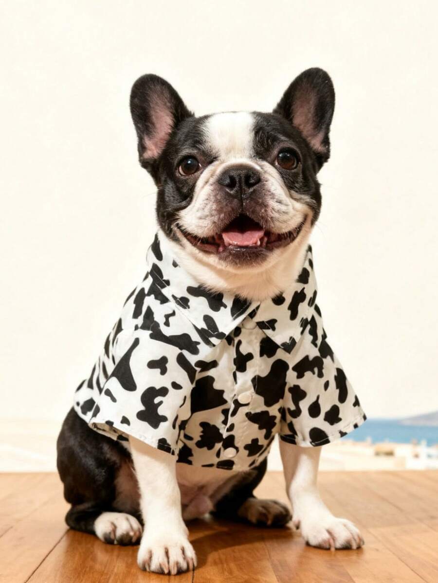 LUCKIE LABO 1 pieza Camisa de mascota con estampado de vaca, pijama de perro de moda casual con botones, adecuado para uso en interiores y exteriores para gatos y perros - Blanco y Negro - Ver 1