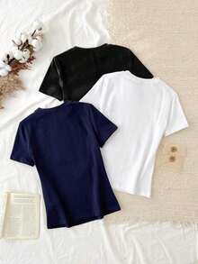 Set de 3 camisetas de mujer de cuello redondo de ajuste ceñido, 95% algodón, en negro, blanco y gris, aptas para todas las estaciones, interior y exterior, con estilo vintage y lindo para verano, para salidas de verano, hogar, vuelta al cole, otoño - Multicolor 16 - Ver 2