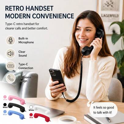 复古手机听筒，Type-C接口，兼容，复古电话听筒造型，即插即用，可用于通话、会议和视频会议，握感舒适，时尚手机配件。