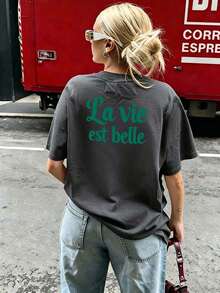 T-shirt blanc à manches courtes et col rond pour femmes avec imprimé de lettres françaises vertes, style de rue décontracté d'été, coupe ample et confortable pour un port quotidien - Gris foncé - Voir 5