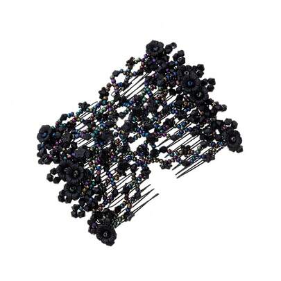 Flower Multifunction Easy Magic Hair Comb Stretchy Beaded Hair Comb In Small Beads Hairpin Plate Hair (Black)