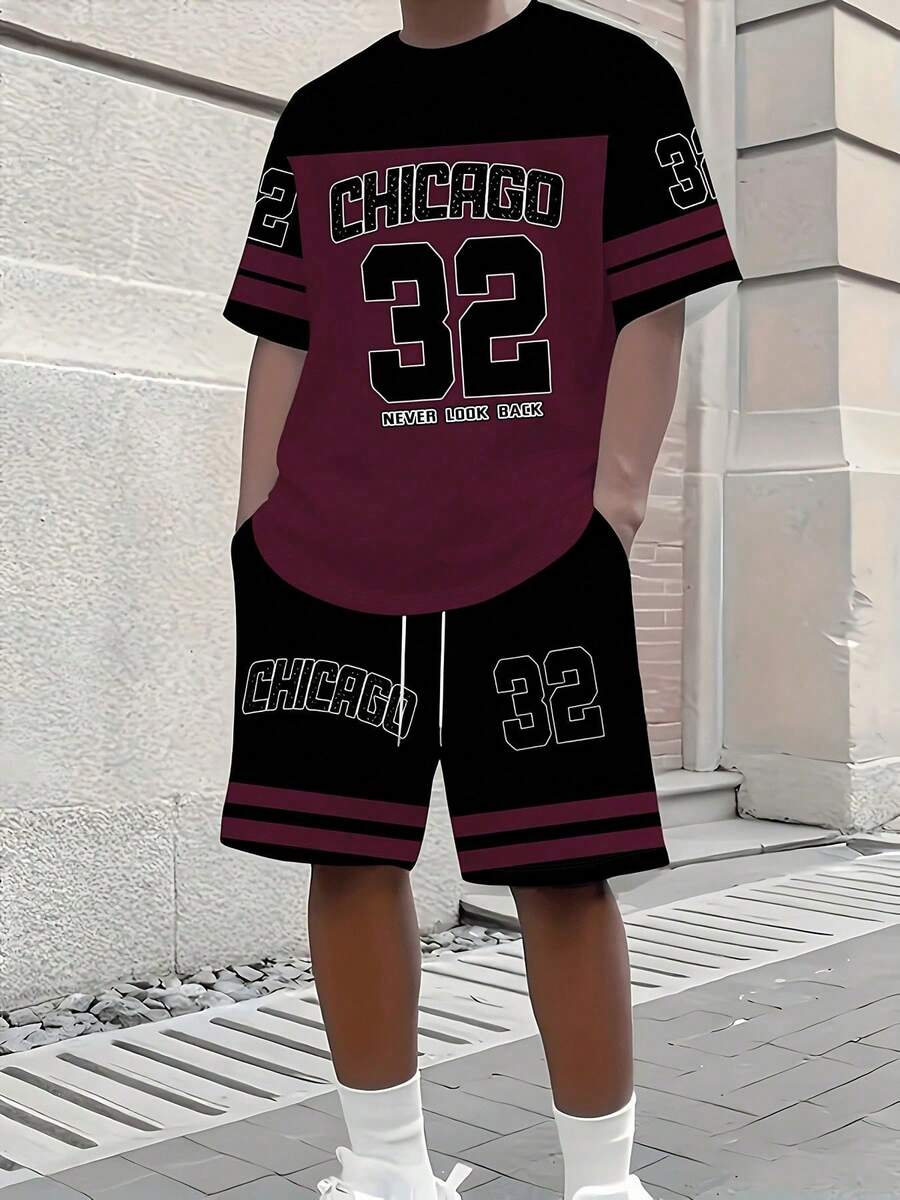 KOVSEE Set 2pcs/Set Kaos Pria Tema Chicago Ukuran Besar dengan Angka dan Logo '32' dan Celana Pendek yang Serasi - Pakaian Olahraga Musim Panas - Burgundy - View 1