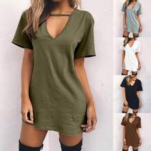 Vestido elegante sexi envolvente con escote en V profundo, vestido suelto recortado para mujer, Mini vestido de manga corta de Color sólido, Vestidos de fiesta para discoteca - Negro - Ver 4