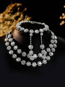 Bộ phụ kiện cưới 3 món: Dây chuyền đính kim cương hình hoa hướng dương hai lớp, bông tai và vòng tay. - Bạc - Xem 2