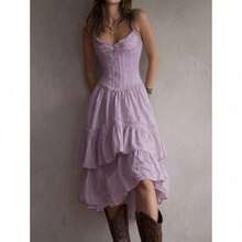 Vestido de tirantes con volantes y diseño de capas que marca la cintura para mujer midi elegante y moderno en colores de  y tejidos ligeros que ofrecen comodidad y estilo con un ajuste perfecto que realza la silueta y es ideal para eventos sociales y looks casuales con detalles únicos - Morado - Ver 6