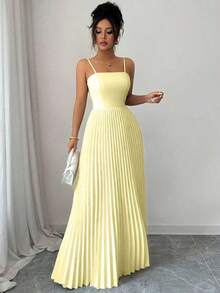 Vestido largo de mujer de unicolor, plisado, elegante, con cintura ceñida y tirantes, adecuado para fiestas y salidas - Amarillo claro - Ver 4