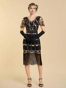 1920s Vintage Glitter Fringe Party Dress Costume Wedding Vacation - Gold - View 10