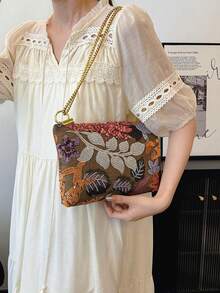 Exquisite Embroidered Floral And Plant Pattern Shoulder Bag, Niche Design Multifunctional High-End Texture Metal Chain Crossbody Bag, Multifunctional Fashionable And Popular Women's Small Square Bag, Suitable For Gatherings, Outings, Shopping, And Parties. - Multicolor - View 5
