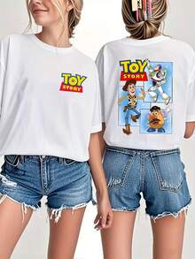 Disney Officially Authorized Ladies' T-Shirt-Toy Story Design Pattern Short-Sleeved Round Neck Casual Shirt, Suitable For Spring And Summer, Soft And Breathable Fabric, Suitable For Theme Activities And Daily Wear. - White - View 1