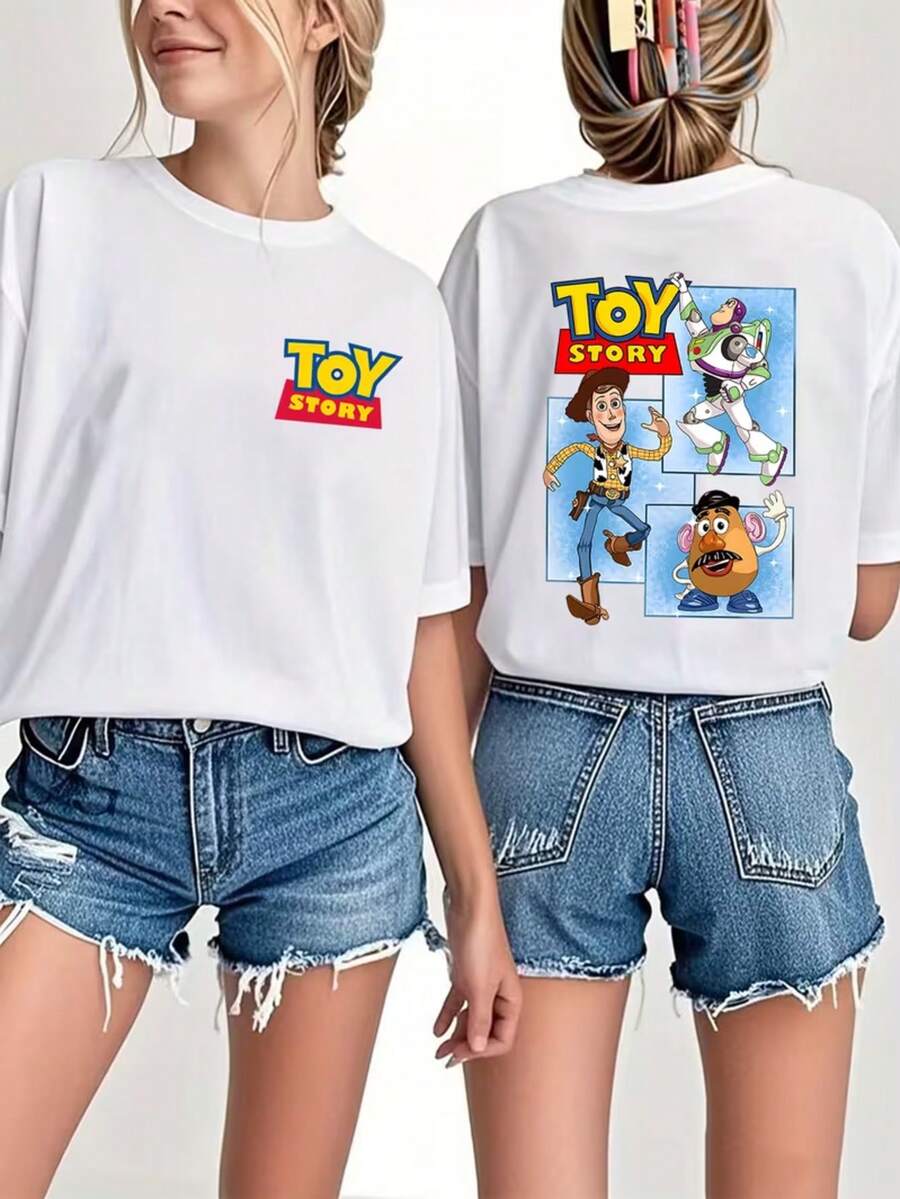 Disney Officially Authorized Ladies' T-Shirt-Toy Story Design Pattern Short-Sleeved Round Neck Casual Shirt, Suitable For Spring And Summer, Soft And Breathable Fabric, Suitable For Theme Activities And Daily Wear. - White - View 1