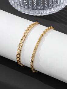 Bộ 2 vòng tay dây xích Cuban và dây xích bện sang trọng, thanh lịch cổ điển dành cho nam giới, quà tặng kỷ niệm cho cặp đôi. - Vàng - Xem 2