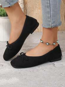 Women's Suede Bow Ballet Shoes, Square Toe Casual Slip-On Loafers - Black - View 3