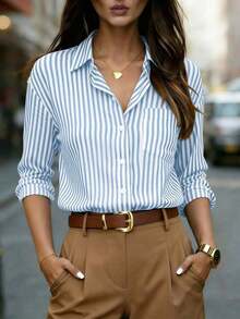 Camisa de manga larga a rayas clásica para mujer, con cuello, diseño de botones delanteros, decoración de bolsillo, adecuada para oficina y uso casual en primavera, verano, otoño e invierno - azul claro - Ver 6