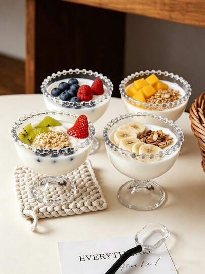 4pcs Charming Low-Sided Dessert Bowls With Glass Bead Trim; Versatile Bowls For Ice Cream, Puddings, Mousses And Fruit Salads; Ideal For Home Use, Restaurants, Hotel Parties, Graduation Celebrations, Parties And Weddings