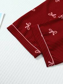 2pcs Comfortable Striped Bow Print Short Sleeve Top And Bow Tie Pants Women Pajama Set, Loungewear - Red - View 7