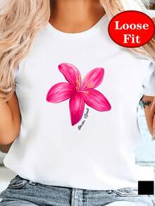 Plus Size Summer Tops For Women, Garden Soul, Floral Print, Round Neck Short Sleeve T-Shirt, Casual Top For Spring And Summer, New Women's Fashion, Versatile For Outings, Suitable For Sports, Perfect Gift For Birthdays And Leisure Wear, Cotton T-Shirt. - White - View 3