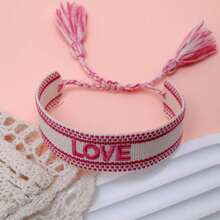 1pc Embroidered Love Letter Boho Handmade Tassel Braided Bracelet - Hot Pink - View 7