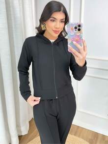 Women's Stylish Tracksuit Set: Sweatshirt With Trim, Hood, And Zipper, And Wide-Leg Pants With Side Pockets - Elegant Women's Jacket, Wide-Leg Pants, Long-Sleeved Blouse, Winter, Cold Weather, Basic, Comfortable, Premium, Comfy, Warm, Thick, Black. - 黑色 - 查看 3