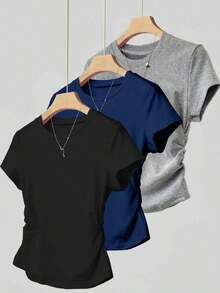 Set de 3 piezas de tops para mujer para exteriores, en color champán, marrón moca y negro, nuevas llegadas de verano, camiseta ajustada con pliegues, de moda y versátil, con estilo callejero fotogénico, imprescindible, de vuelta al colegio, que lla - Multicolor - Ver 1