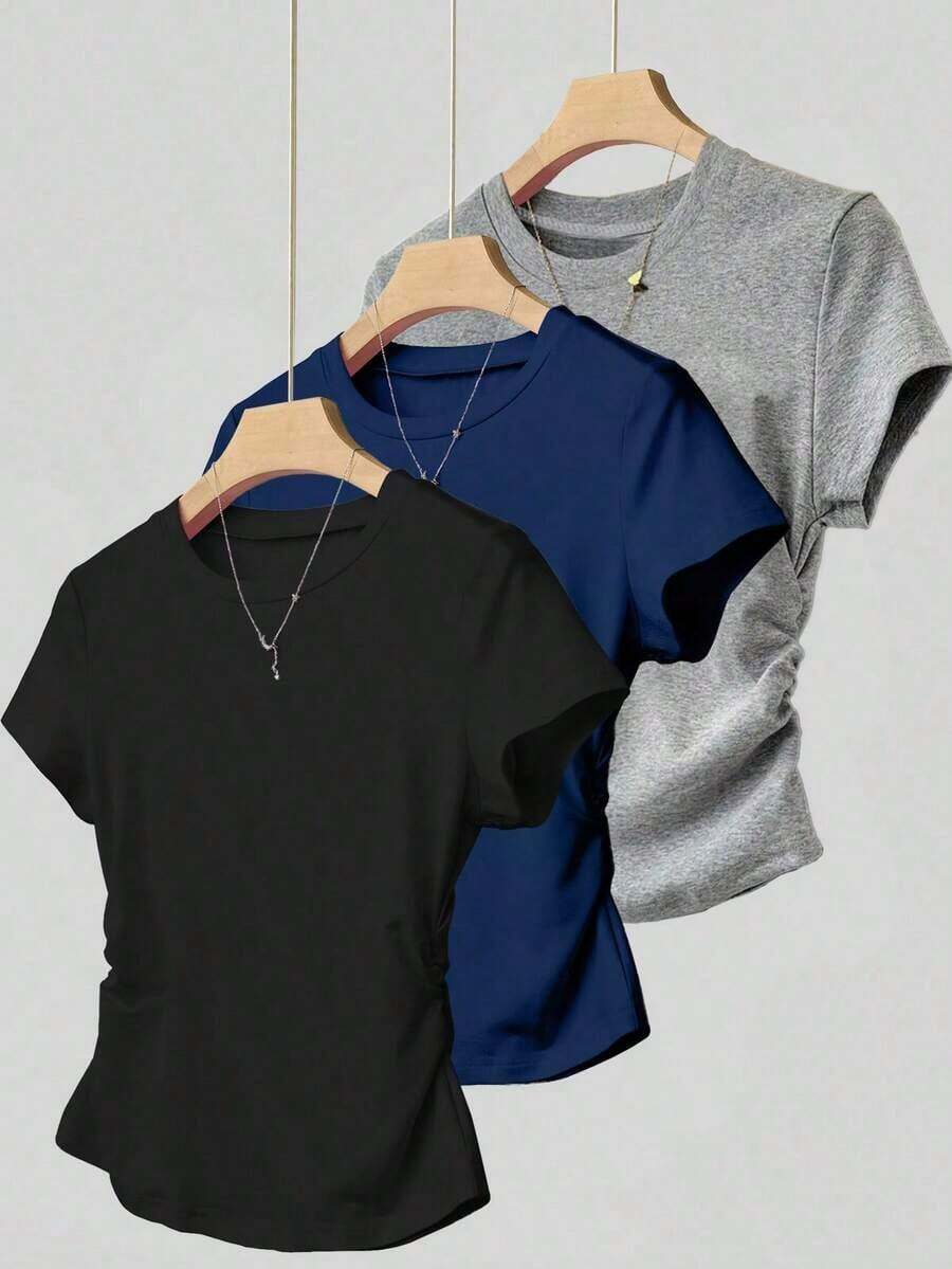 Set de 3 piezas de tops para mujer para exteriores, en color champán, marrón moca y negro, nuevas llegadas de verano, camiseta ajustada con pliegues, de moda y versátil, con estilo callejero fotogénico, imprescindible, de vuelta al colegio, que lla - Multicolor - Ver 1