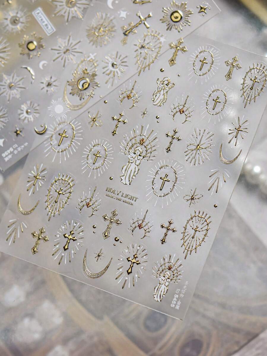 1片装奢华精致5D镀金美甲贴纸，复古光环信仰美甲贴纸，DIY美甲贴纸美甲用品 - 金色 - 查看 1