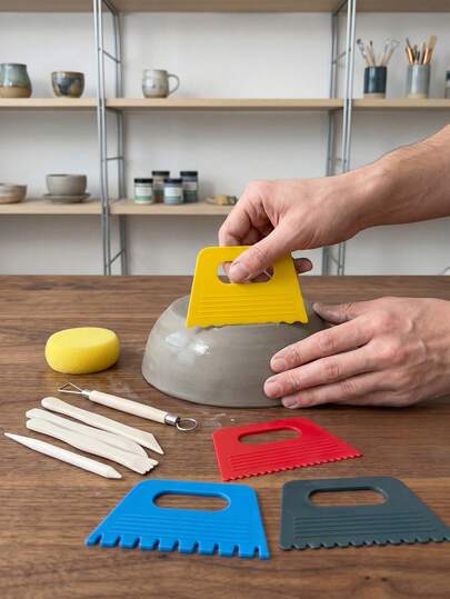 10Pcs Professional Pottery Clay Modeling Tool Set, Multi-Shape Scraper Cutter Shaping Tools With Double-Ended Wire Tool & Water Absorbing Sponge, Non-Slip Colorful Plastic Handle For Pottery Sculpting Carving Art Teaching