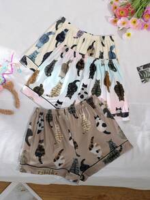 3 chiếc quần short nữ mùa hè nhẹ, cạp chun, kiểu dáng thường ngày, phù hợp cho mọi mùa, đi nghỉ mát, dự tiệc, đi biển, mặc ở nhà, dáng rộng thoải mái, họa tiết mèo thường ngày. - Nhiều màu - Xem 5