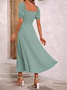 Vestido largo estilo A con abertura en el muslo, escote bote y estampado floral, vestido de vacaciones y playa para mujeres - Verde 2 - Ver 4
