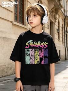 Mattel K-POP S AJA BOYS Colorful Character Collage Pattern 100% Cotton T-Shirts For Boys, New Summer Collection, Casual Outing And Sports, Comfortable, Skin-Friendly, Breathable, Fashionable And Versatile, Perfect For Wearing Alone Or Layering, Best Gift For Boys - 黑色 - 查看 1
