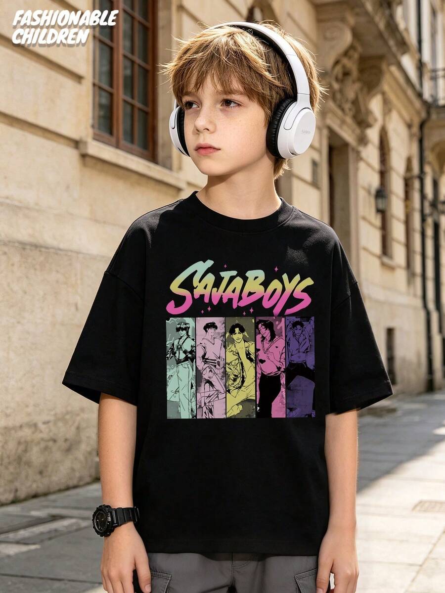 Mattel K-POP S AJA BOYS Colorful Character Collage Pattern 100% Cotton T-Shirts For Boys, New Summer Collection, Casual Outing And Sports, Comfortable, Skin-Friendly, Breathable, Fashionable And Versatile, Perfect For Wearing Alone Or Layering, Best Gift For Boys - 黑色 - 查看 1