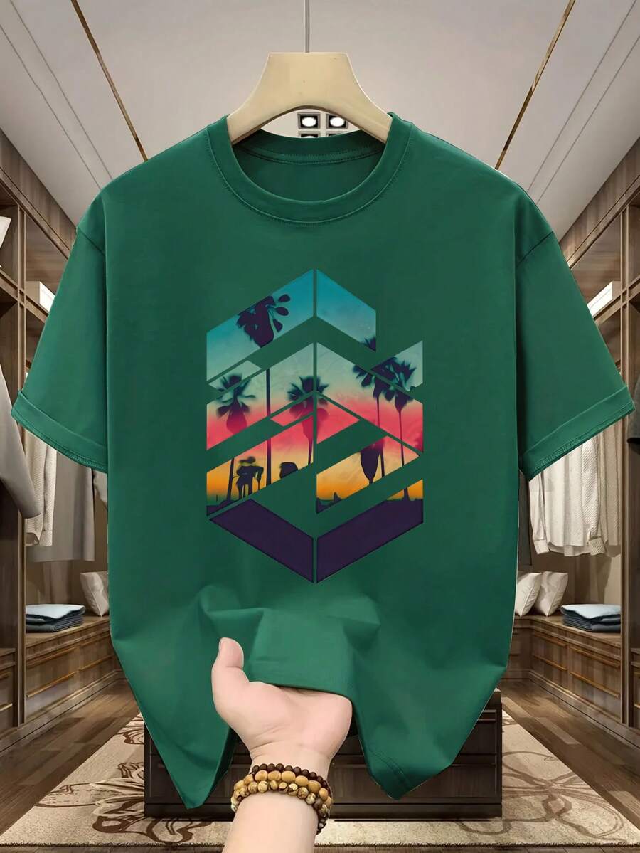 Plus Size Men's Creative Geometric Pattern Print Casual Round Neck Short Sleeve T-Shirt, Summer - Dark Green - View 1
