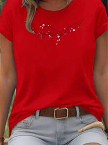 Camisetas con Estampados Gráficos, Diseño de Arte Floral Pequeño, Camiseta Estampada de Manga Corta y Cuello Redondo, Top Casual para Verano y Primavera, Ropa de Mujer, Regalo de Cumpleaños, Regalo para Amigas, Regalo para Hermanas,% Algodón, Tops de Verano LKBO - Rojo - Ver 7