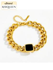 RAYQUEEN Bộ 1 dây chuyền và vòng tay vuông màu đen bằng thép không gỉ, trang sức phong cách Punk chống thấm nước, quà tặng cho nữ, phù hợp để đeo hàng ngày. - Vàng - Xem 11