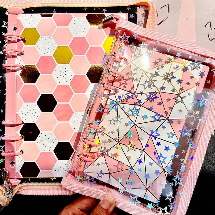 A5/A6 Starry Sky & Aurora Pink Zipper Binder, Zipper Drawstring Design, Korean Style, Transparent Refill Pages, Stamp Pad, Candy Sticker Cards, Collection Album, Transaction Card Album, Photo Album, Budget Planner, Diary, Notebook, Office Supplies - Shape - View 2