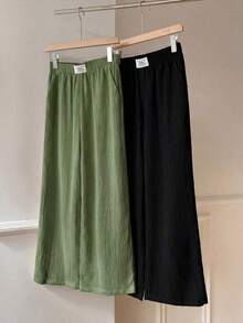2 piezas Nuevos pantalones anchos de mujer en negro y estampado de leopardo - Verde Oliva - Ver 6