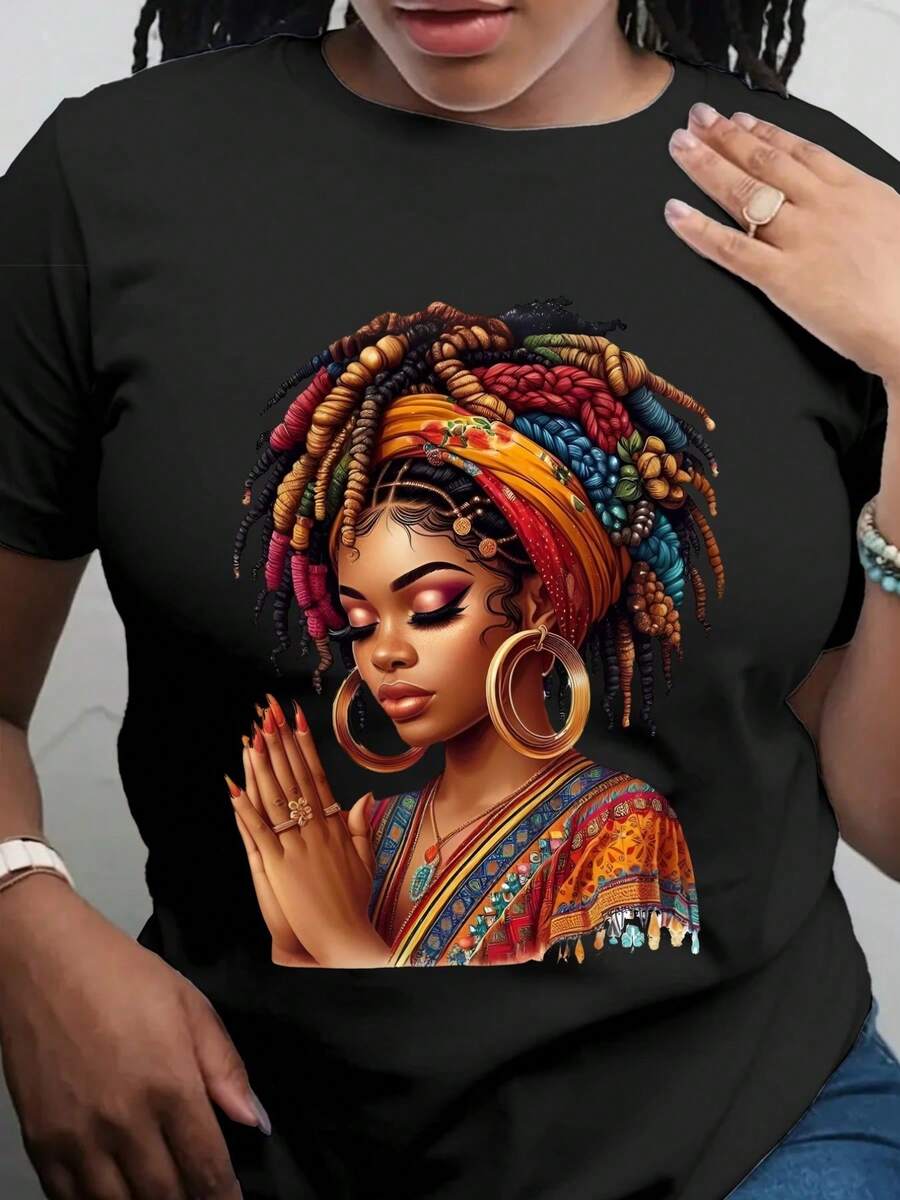 Short-Sleeved T-Shirt With African Print, Suitable For Women, Suitable For All Seasons, High-Quality Breathable Fabric, Casual Sportswear, Machine Washable And Durable - Unisex Loose-Fitting Cotton T-Shirt With Short Sleeves And Round Neck In An Urban Vintage Style. - 黑色 - 查看 1