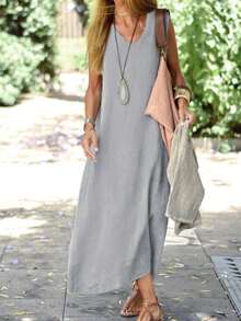 Vestido de playa europeo de talla grande, camiseta sin mangas informal, Material suave, cuello en V, estilo suelto, vestido de longitud media - Azul cielo - Ver 2