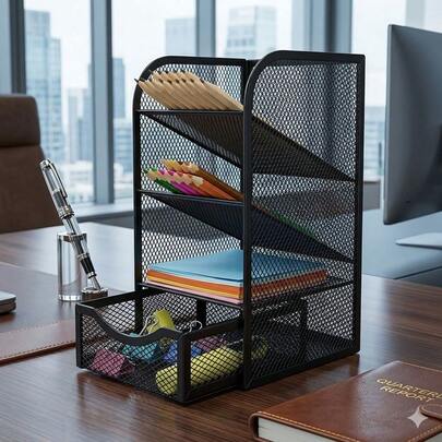 Suporte Organizador de Mesa com Gaveta Metal Preto para Documentos e Acessórios