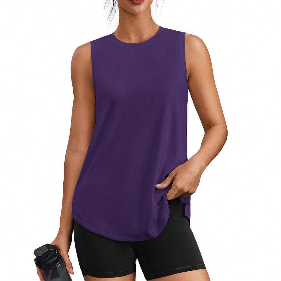 PINSPARK Workout Tops For Women Sleeveless Athletic Tank Tops UPF 50+ Running Tanks With Side Slits Loose Fit Gym Yoga Shirt - 深紫色 - 查看 1