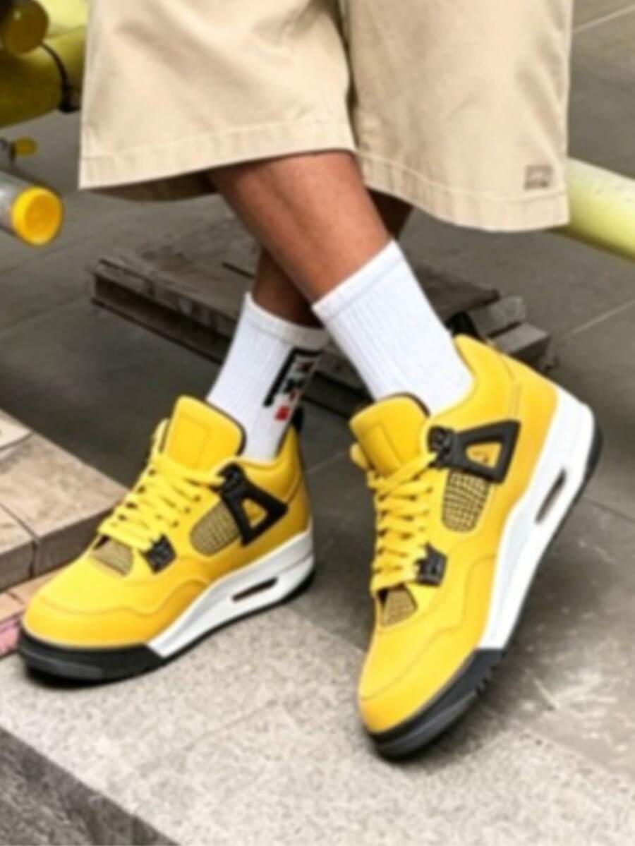 Men's High-Top Sneakers, Paris Saint-Germain Retro Basketball Shoes, Bright Yellow Sneakers, Breathable Mesh Shoes, Air Cushion Sneakers, Streetwear Sneakers, Non-Slip Basketball Shoes, Men's Fashion Footwear, Performance Sneakers, Iconic Design Shoes - 電母2 - 查看 1