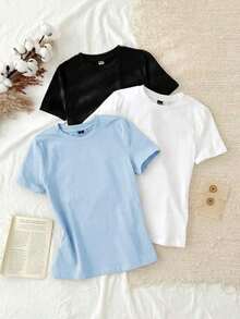 Set de 3 camisetas de cuello redondo de manga corta de ajuste ceñido para mujer, 95% algodón, en negro, blanco y gris, adecuadas para todas las estaciones, interior y exterior, con estilo vintage y lindo para verano, para salidas de verano, en casa, vuelta al colegio, otoño, camisetas básicas versátiles para mujer en paquete de 3 unidades - Multicolor 7 - Ver 6