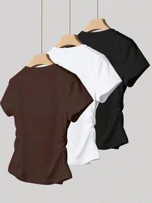 Set de 3 piezas de tops para mujer para exteriores, en color champán, marrón moca y negro, nuevas llegadas de verano, camiseta ajustada con pliegues, de moda y versátil, con estilo callejero fotogénico, imprescindible, de vuelta al colegio, que lla - Multicolor 6 - Ver 2
