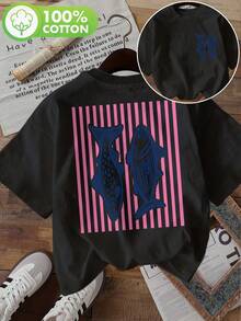 Fresh Style Women's Spring And Autumn Top With Pink Stripes And Fish Prints, Made Of Pure Cotton, With A Round Neck And Short Sleeves, Women's Summer T-Shirt. - Black - View 7