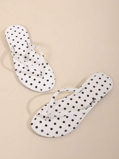 Women's Flip Flops, Round Toe Design White Sandals With Polka Dot Pattern, Flat Slip-On Comfortable Beach Slippers Suitable For Beach, Vacation, Home, Gatherings And Various Occasions